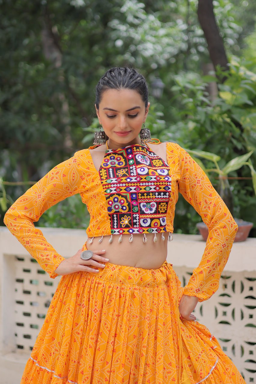 Awesome Pink Georgette Embroidered Lehenga Choli For Garba