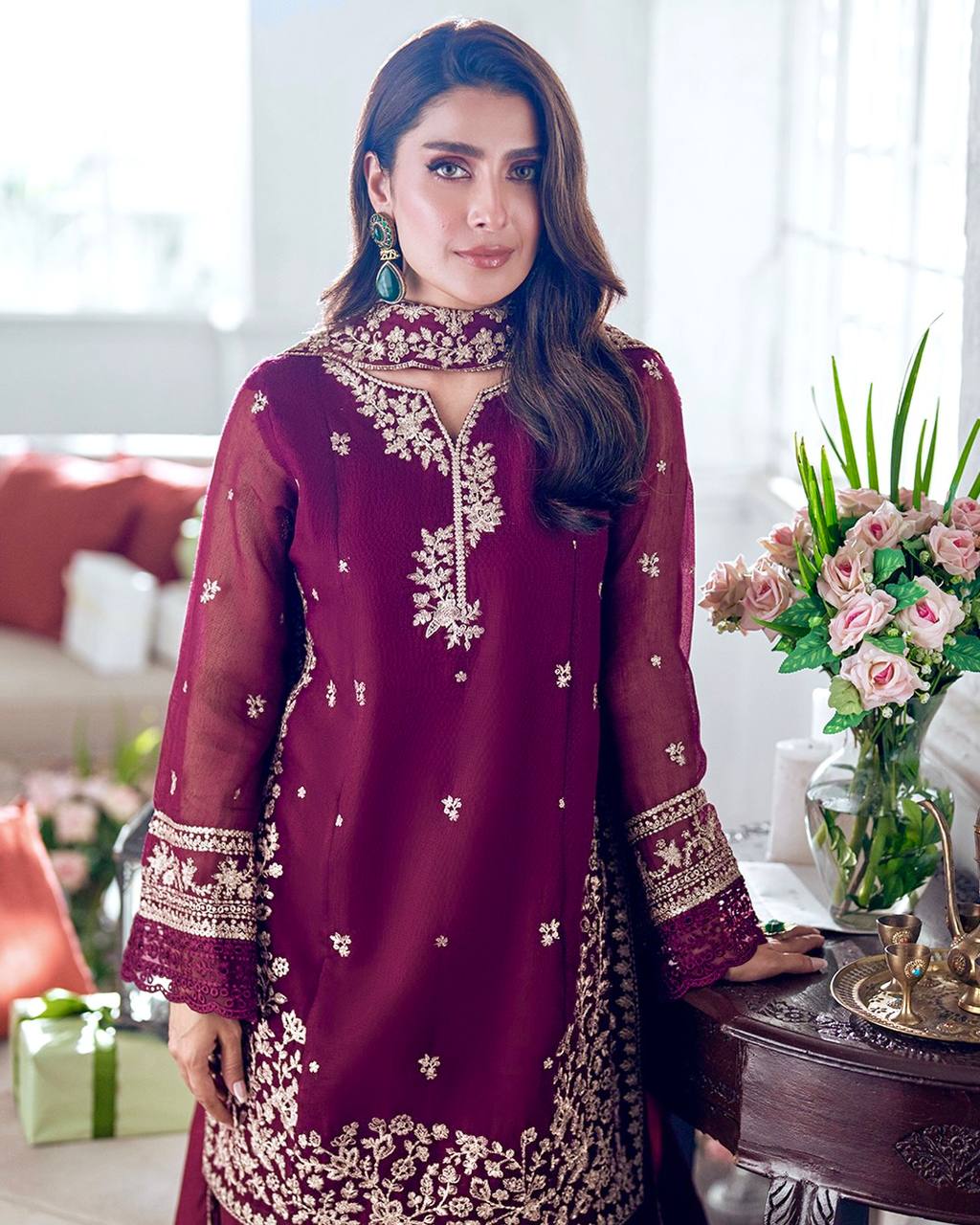 Trendy Maroon Crepe Embroidery Palazzo Suit