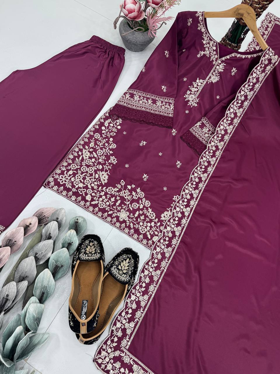 Trendy Maroon Crepe Embroidery Palazzo Suit