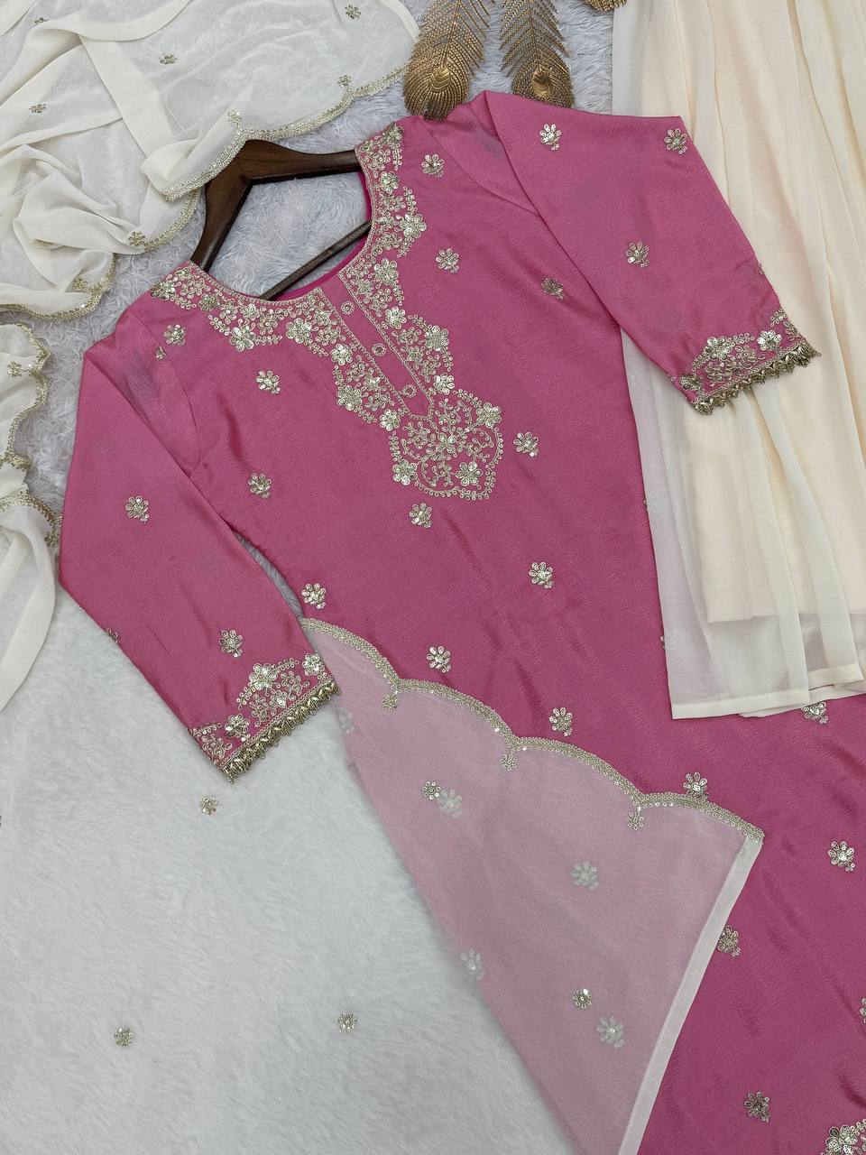 Pretty Pink Chinon Silk Sequence Work Palazzo Suit