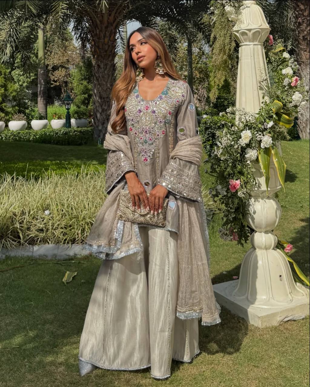 Exclusive White Creap Sequence Work Sharara Suit