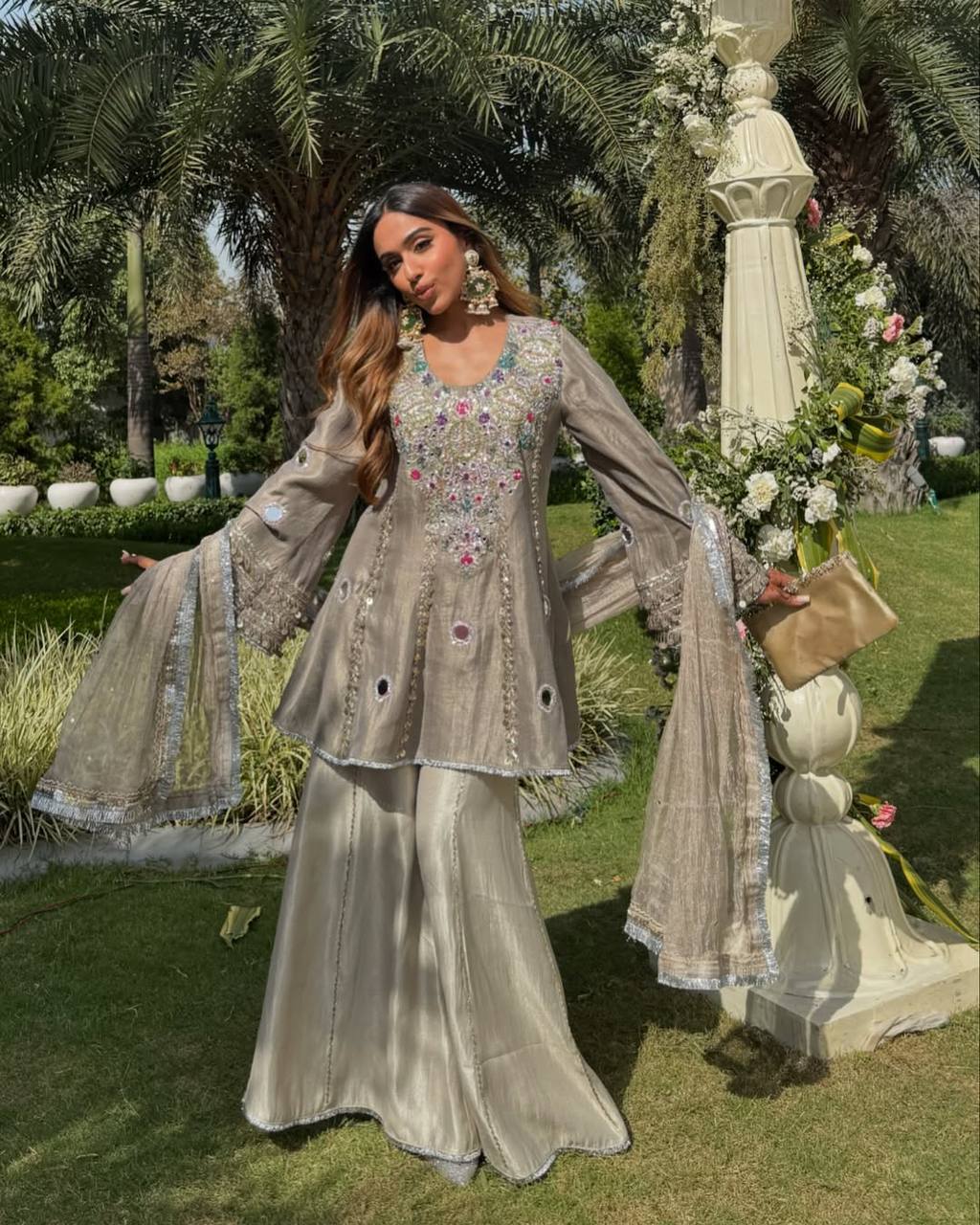 Exclusive White Creap Sequence Work Sharara Suit