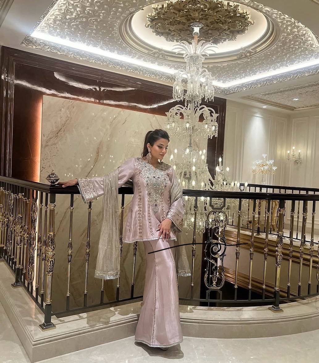 Exclusive White Creap Sequence Work Sharara Suit