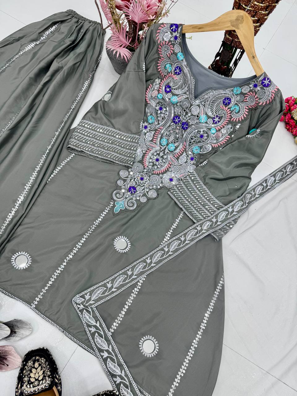 Exclusive White Creap Sequence Work Sharara Suit