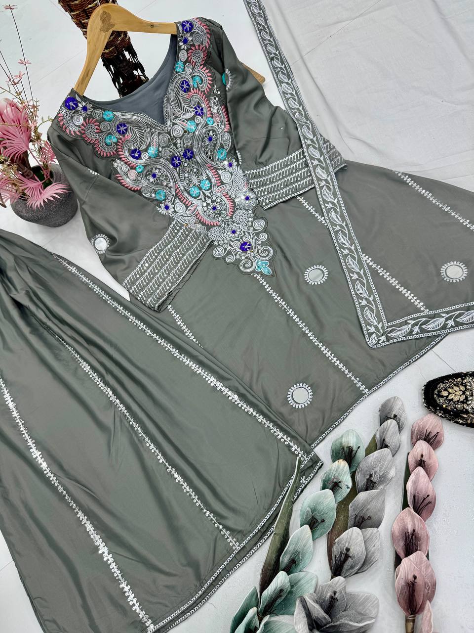 Exclusive White Creap Sequence Work Sharara Suit