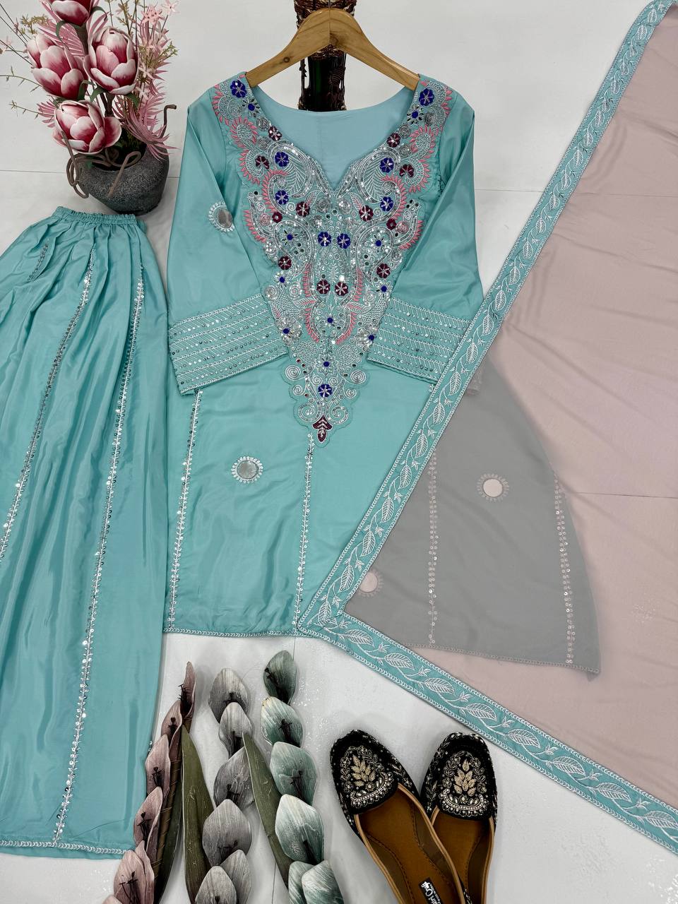 Exclusive White Creap Sequence Work Sharara Suit