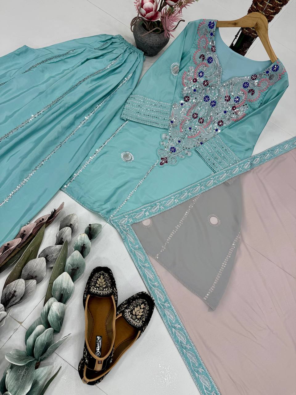 Exclusive White Creap Sequence Work Sharara Suit