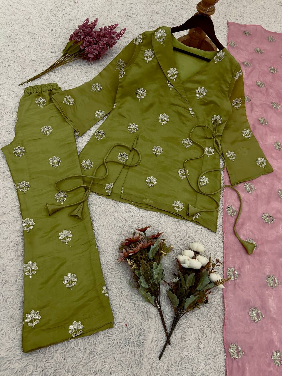 Trendy Olive Green Jimmy Choo Sequence Work Palazzo Suit