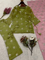 Trendy Olive Green Jimmy Choo Sequence Work Palazzo Suit
