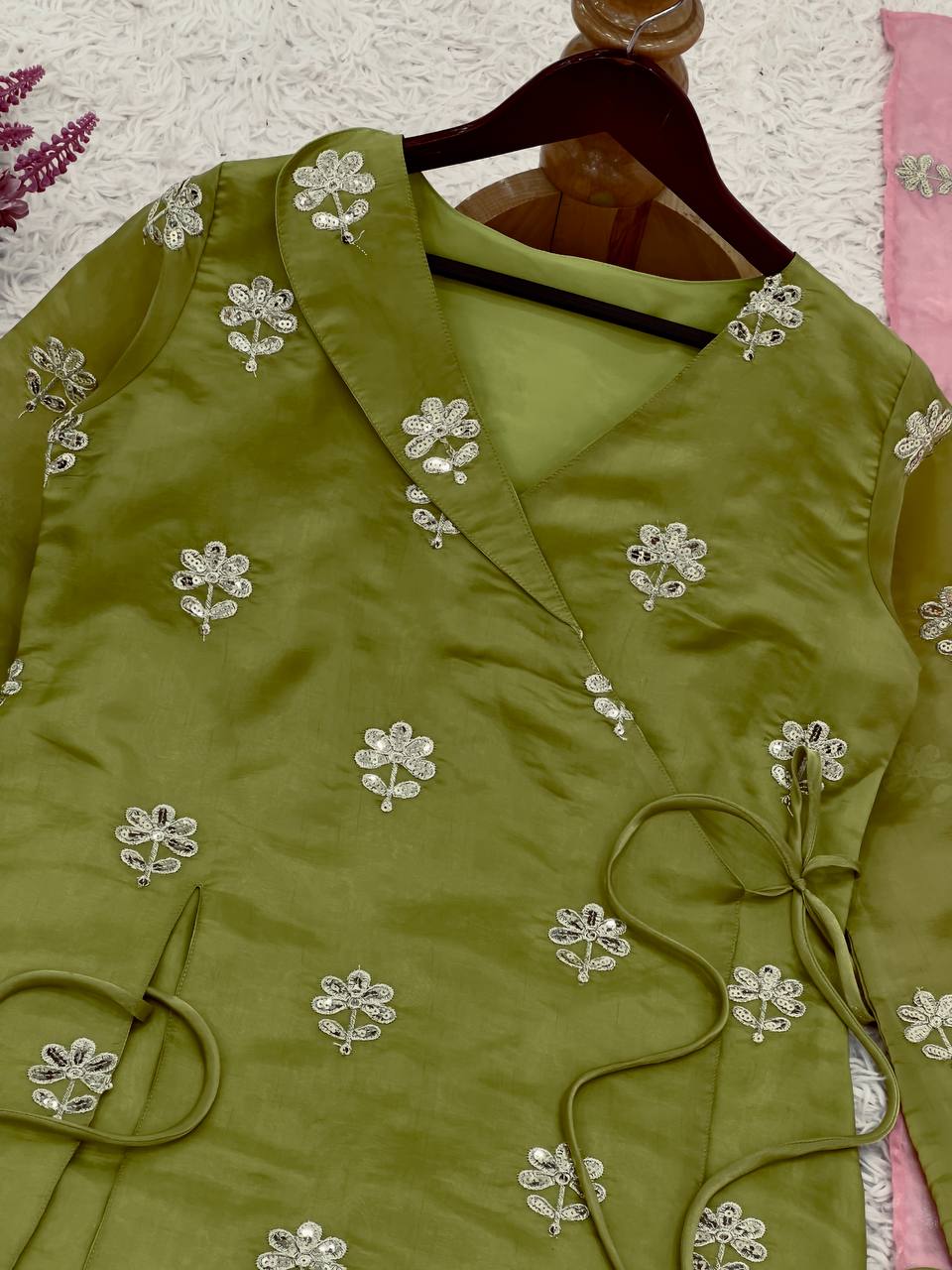 Trendy Olive Green Jimmy Choo Sequence Work Palazzo Suit