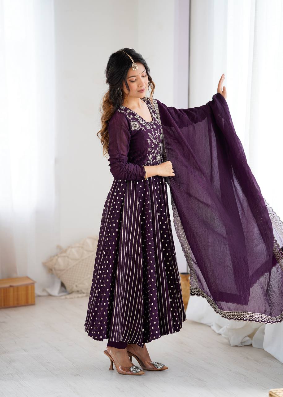 Attractive Wine Silk Embroidery Work Gown