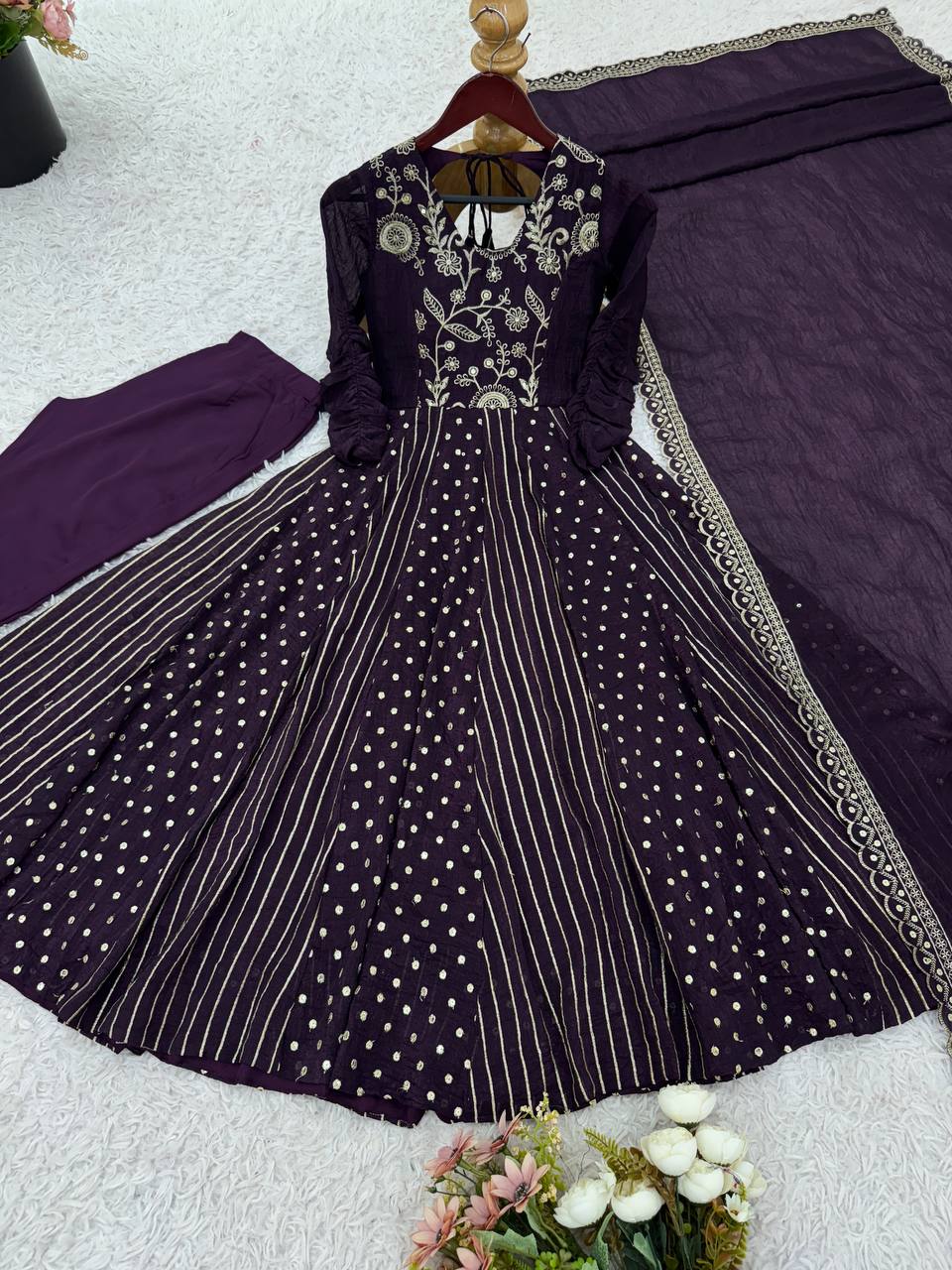 Attractive Wine Silk Embroidery Work Gown