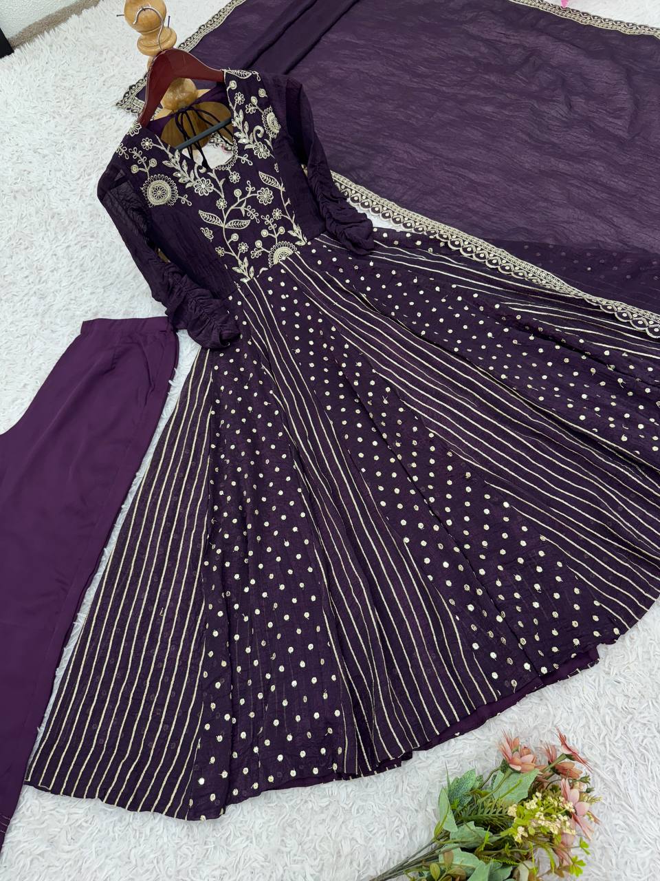 Attractive Wine Silk Embroidery Work Gown