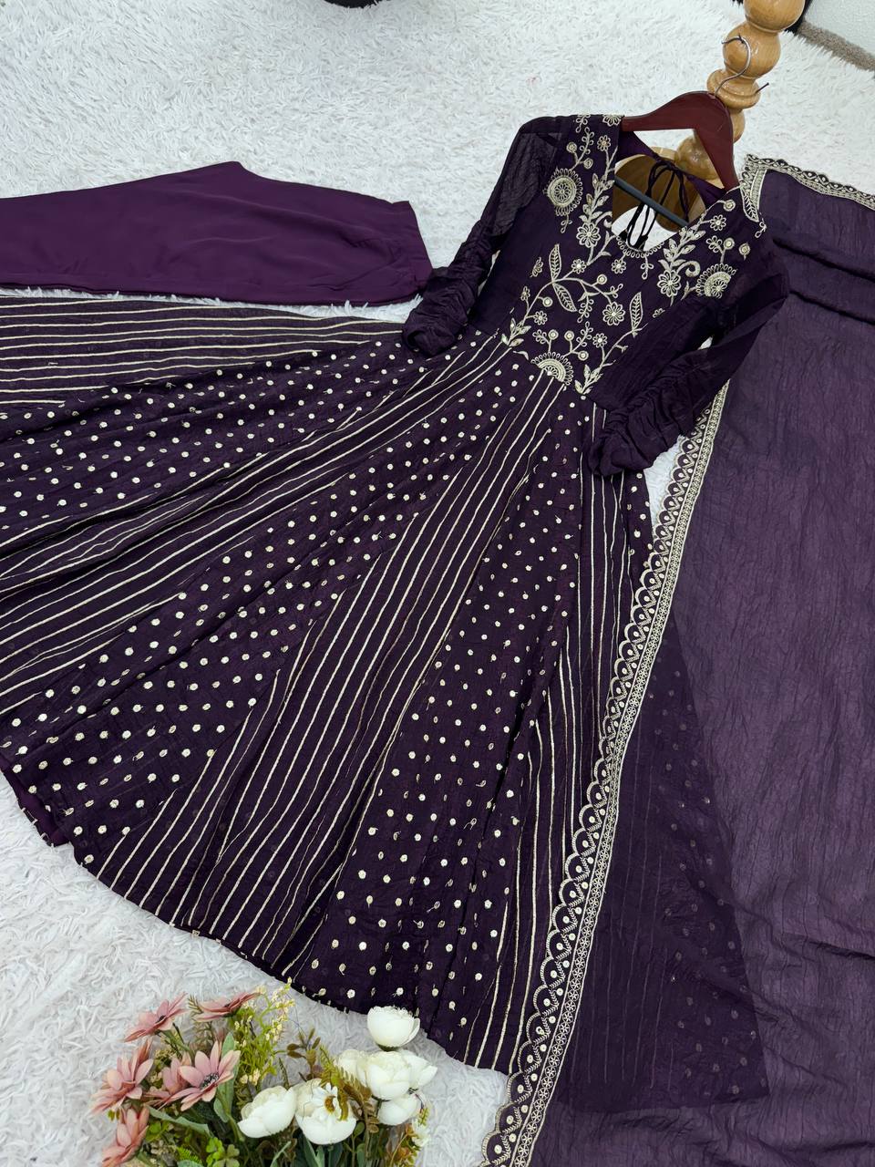 Attractive Wine Silk Embroidery Work Gown