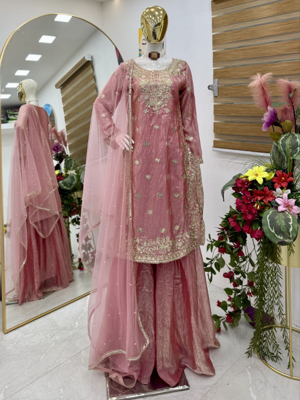 Trendy Pink Fandy Crash Embroidery Work Sharara Suit
