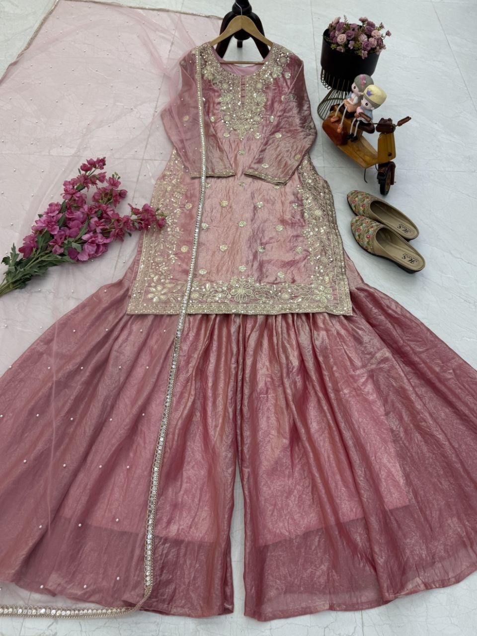 Trendy Pink Fandy Crash Embroidery Work Sharara Suit