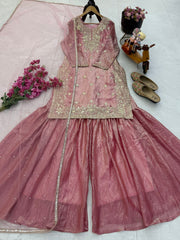 Trendy Pink Fandy Crash Embroidery Work Sharara Suit