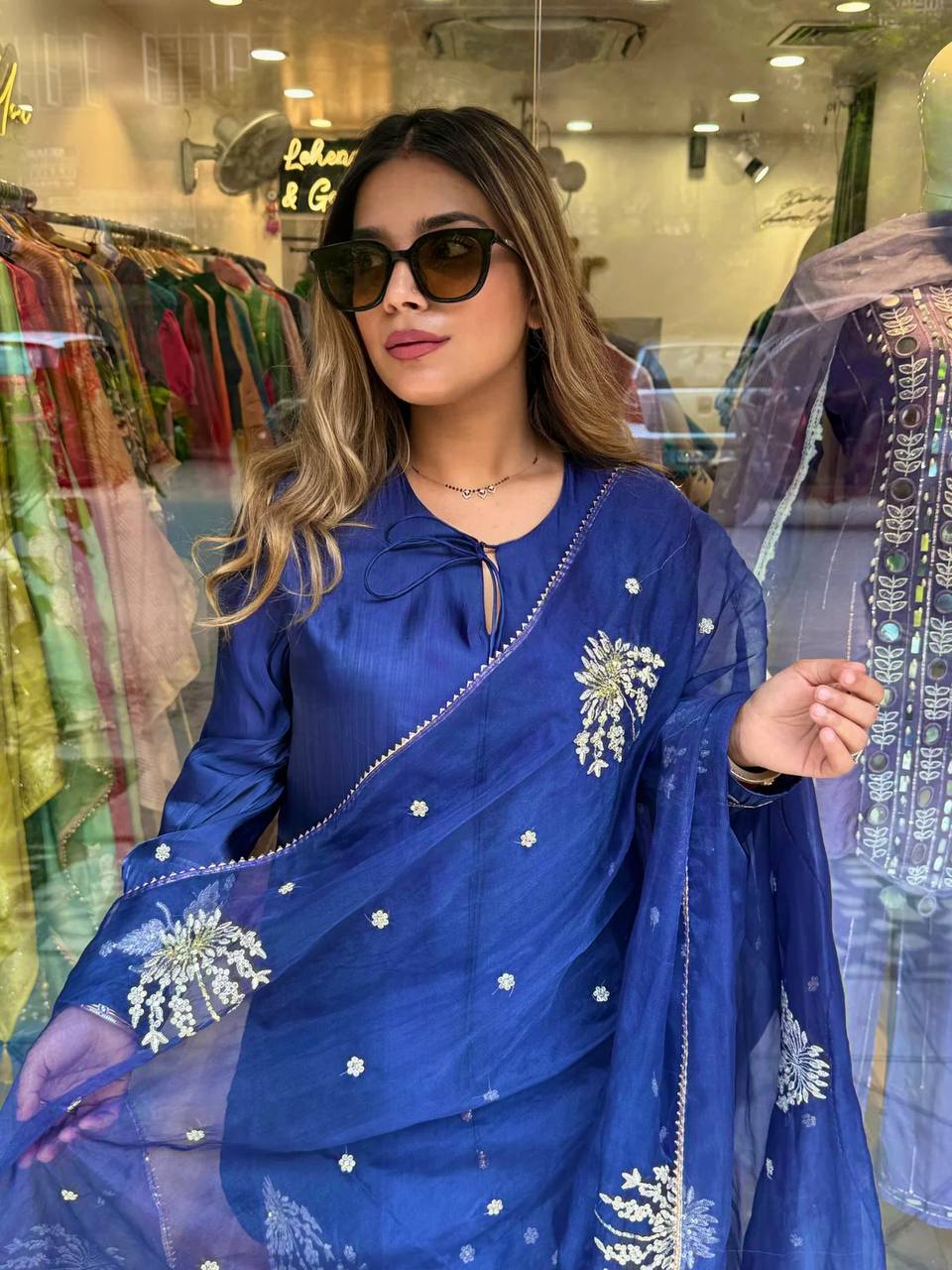 Attractive Blue Crepe Silk Sequence Work Palazzo Suit