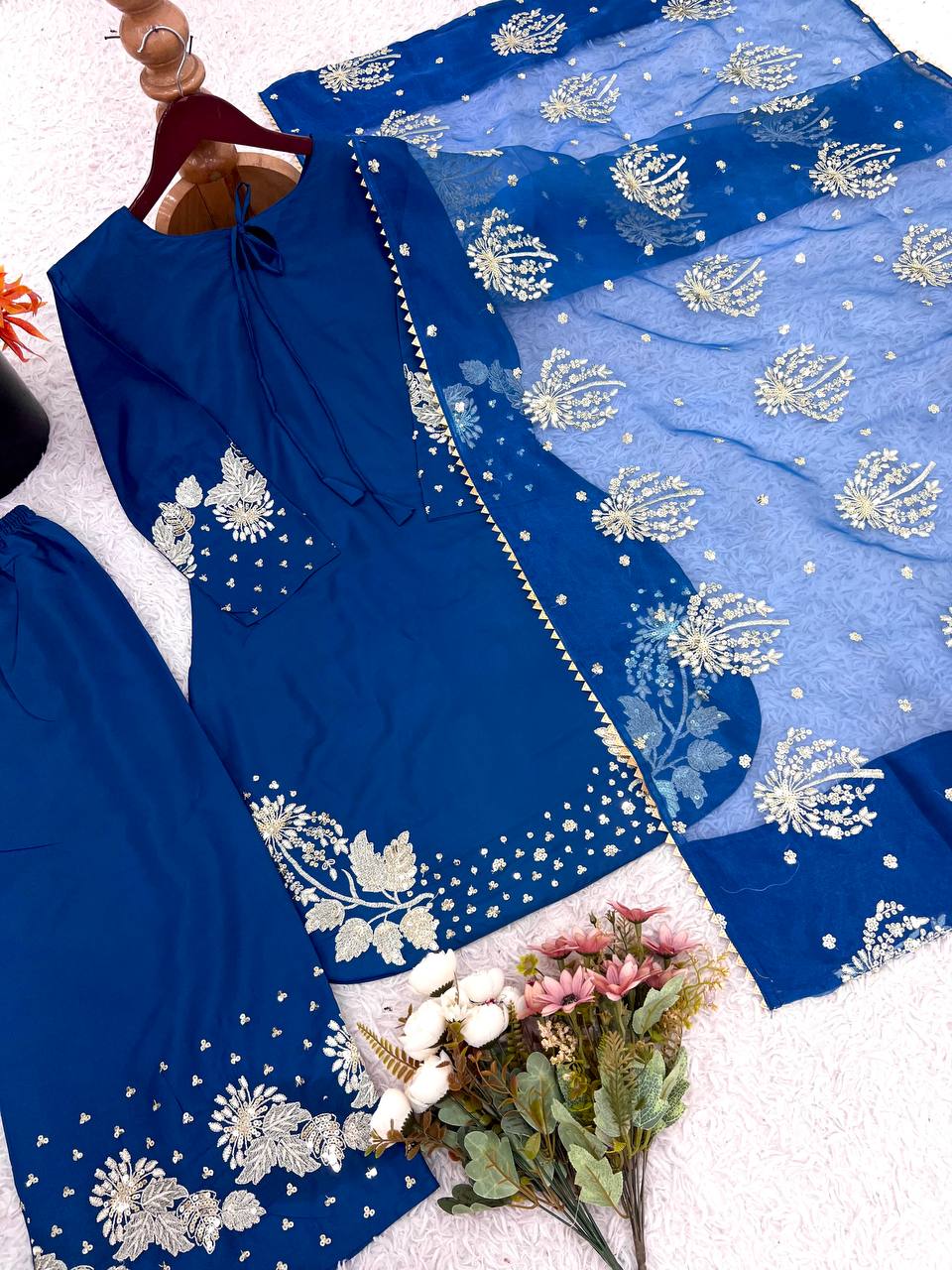 Attractive Blue Crepe Silk Sequence Work Palazzo Suit