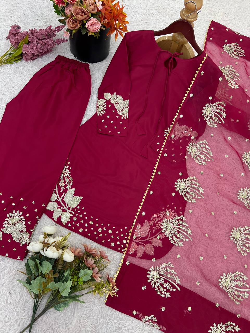 Attractive Blue Crepe Silk Sequence Work Palazzo Suit