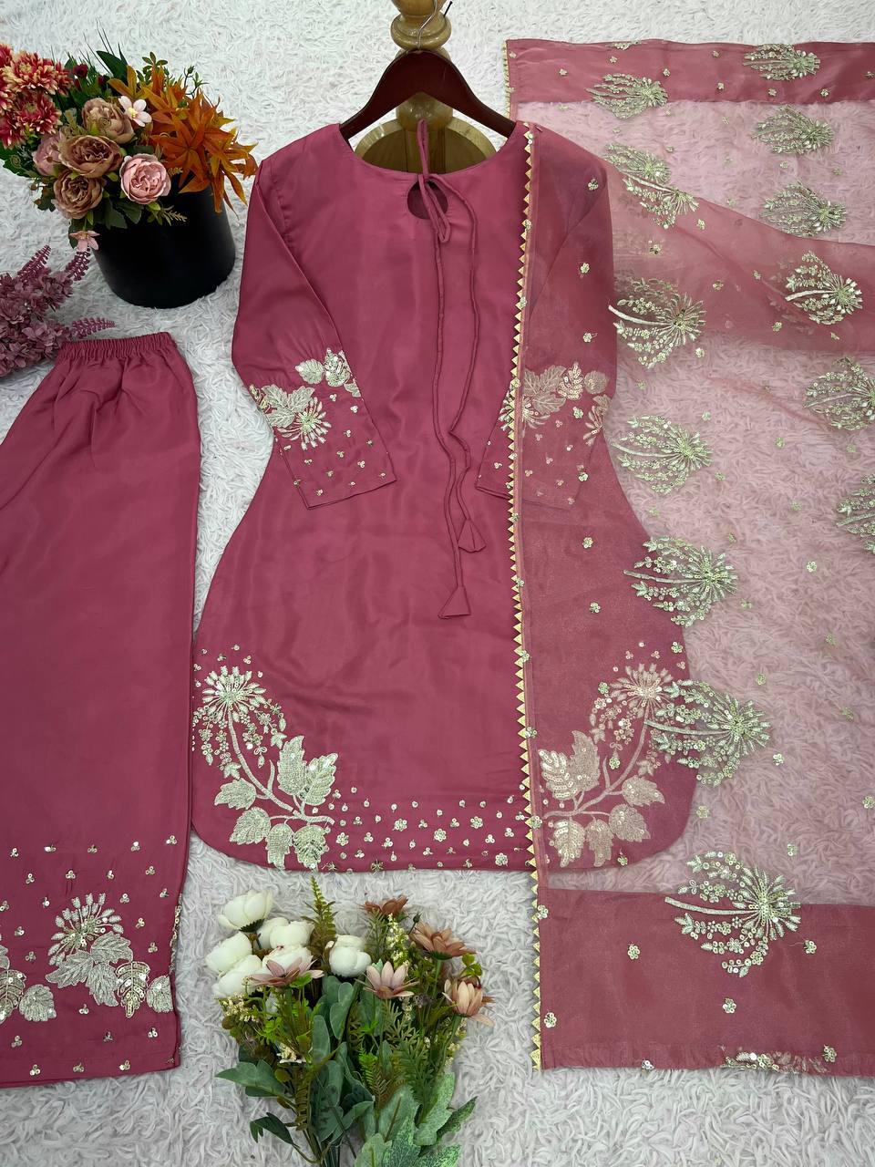 Attractive Blue Crepe Silk Sequence Work Palazzo Suit