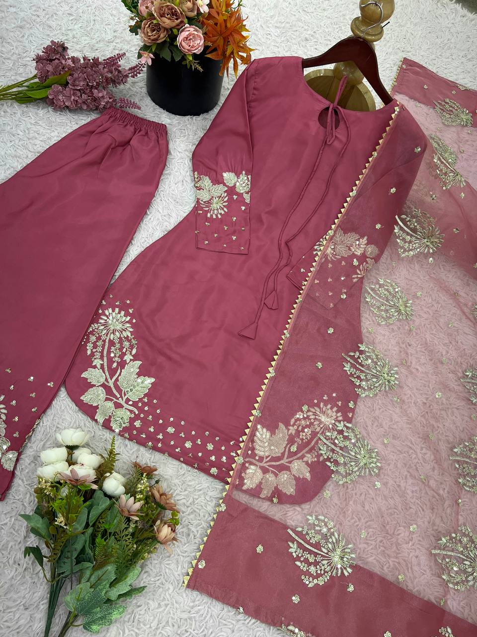 Attractive Blue Crepe Silk Sequence Work Palazzo Suit