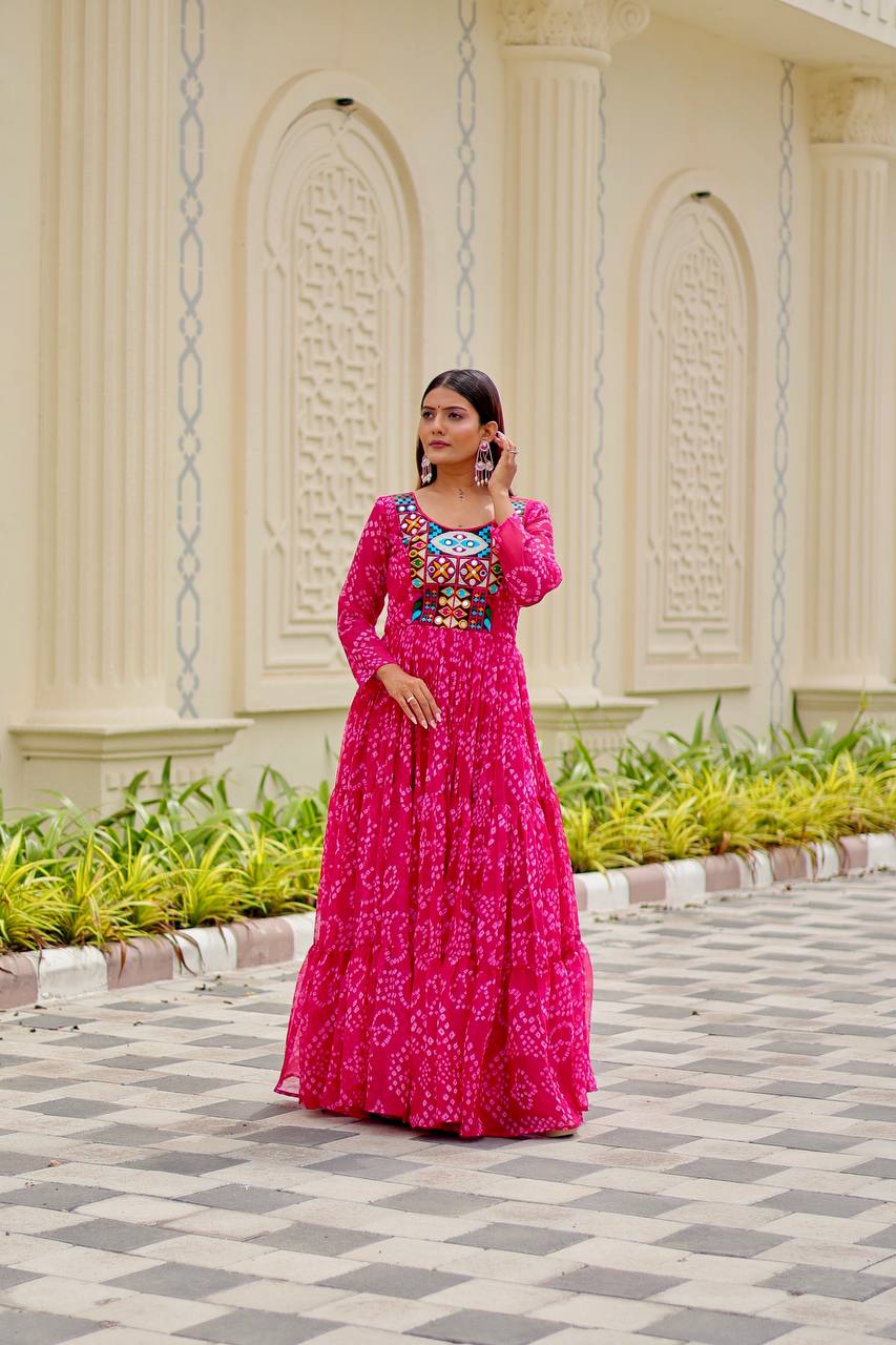 Ravishing Orange Georgette Gamthi Work Gown For Navratri