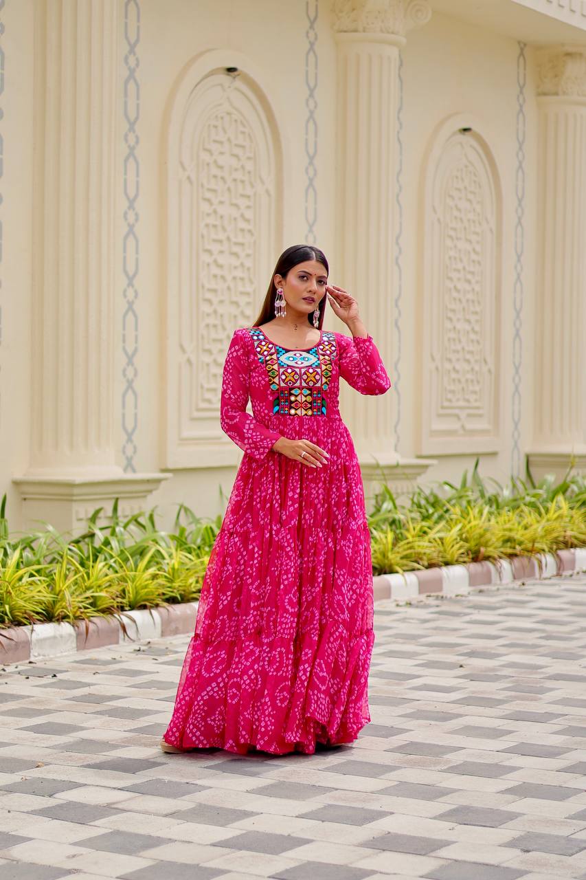 Ravishing Orange Georgette Gamthi Work Gown For Navratri