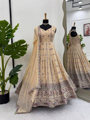 Lovely Peach Georgette Thread Work Gown