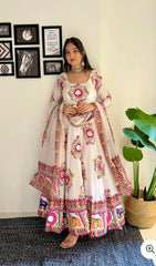 Glorious White Satin Silk Mirror Work Gown