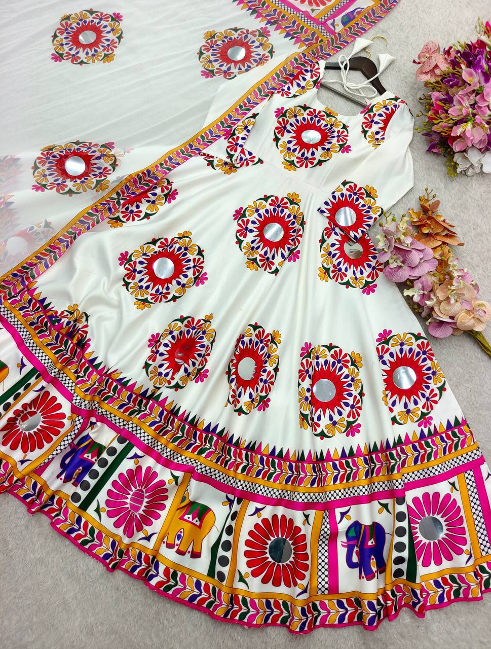 Glorious White Satin Silk Mirror Work Gown