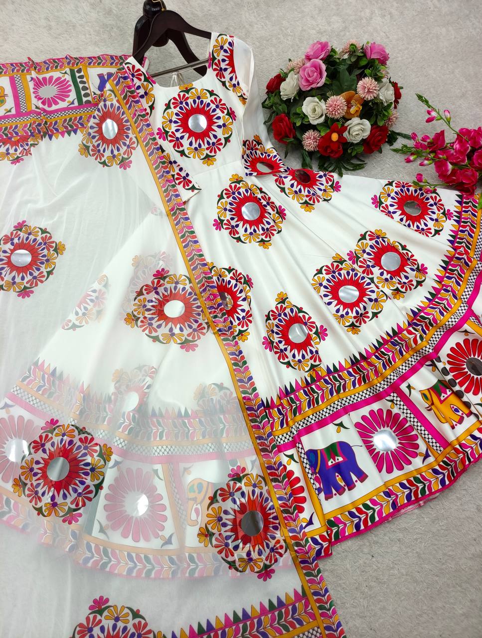 Glorious White Satin Silk Mirror Work Gown