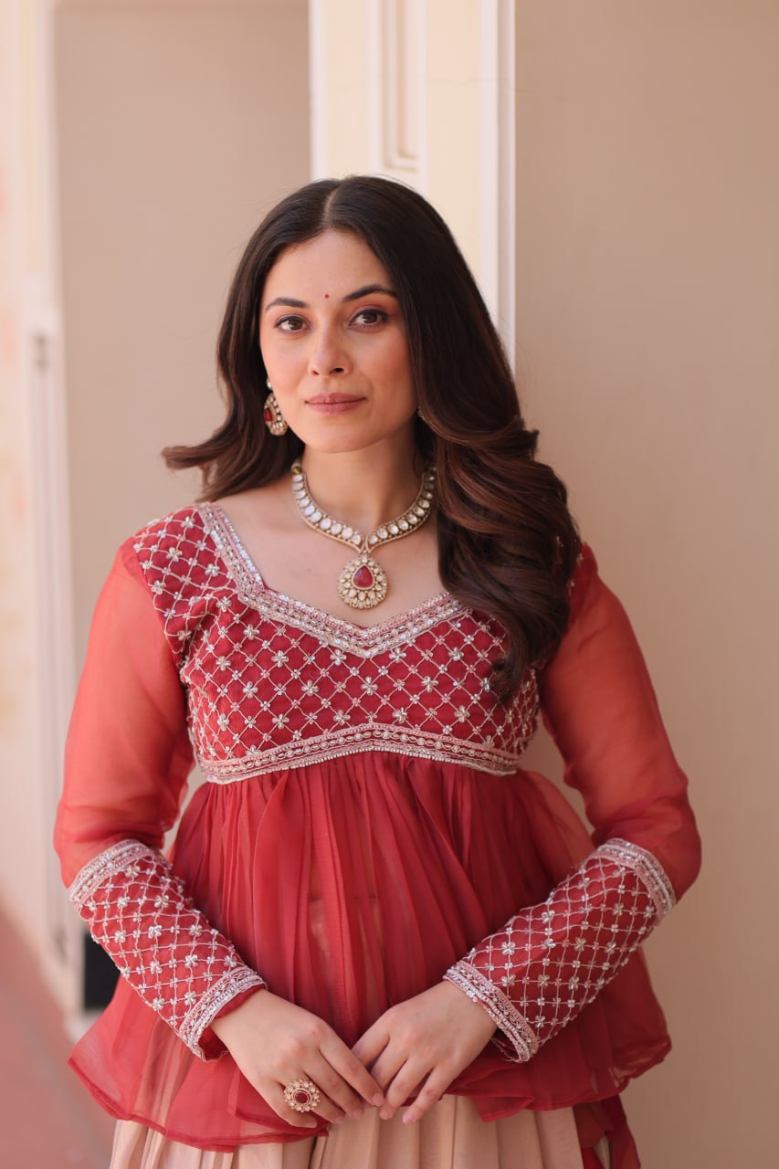 Trendy Red Chiffon Beads Embroidered Top With Lehenga