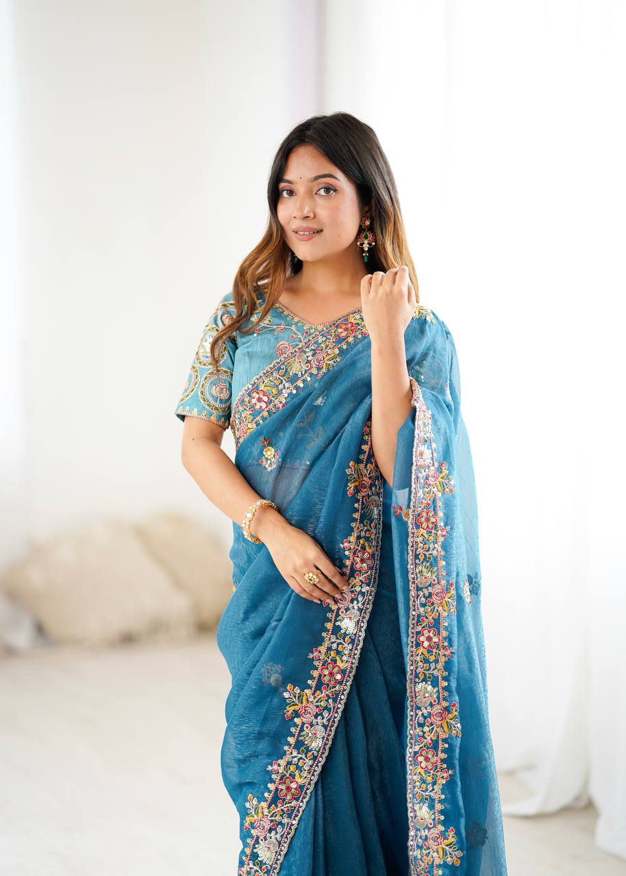 Ravishing Blue Silk Embroidery Work Saree