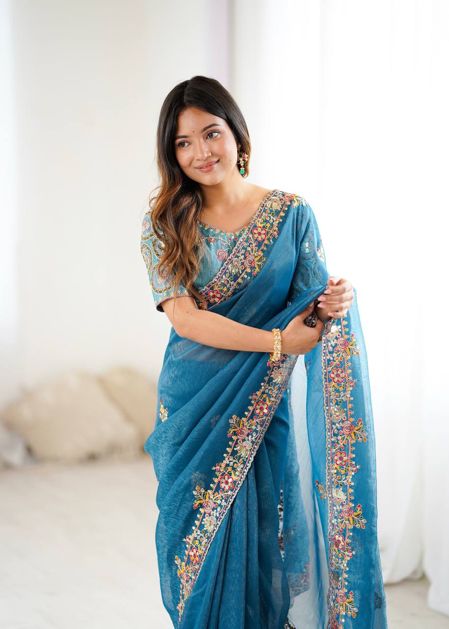 Ravishing Blue Silk Embroidery Work Saree