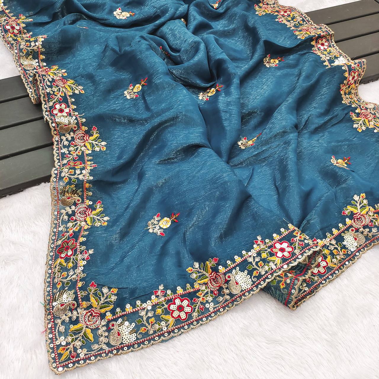 Ravishing Blue Silk Embroidery Work Saree