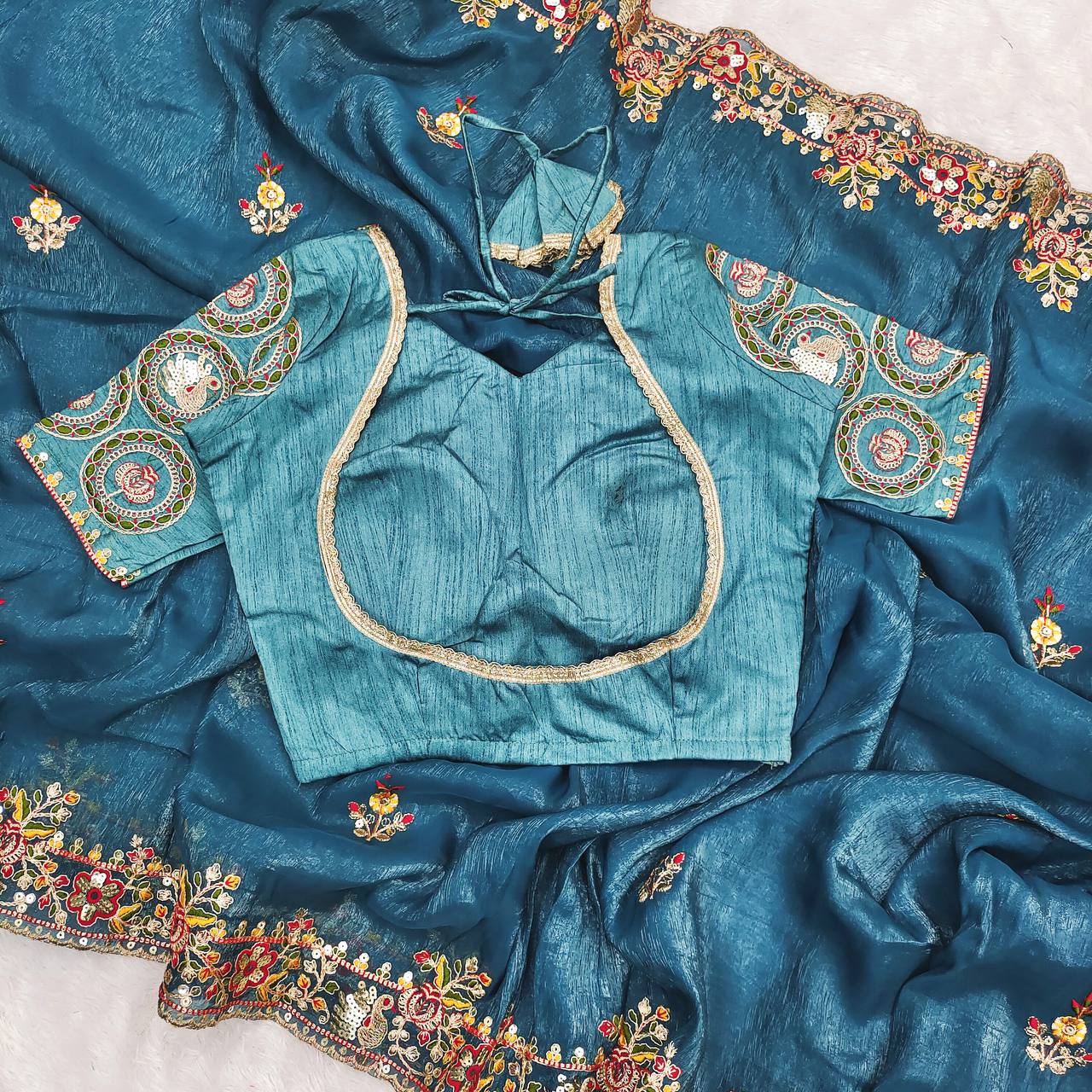 Ravishing Blue Silk Embroidery Work Saree