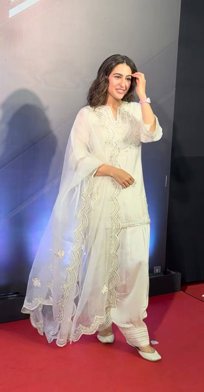 Bollywood Style White Silk Embroidery Work Sharara Suit