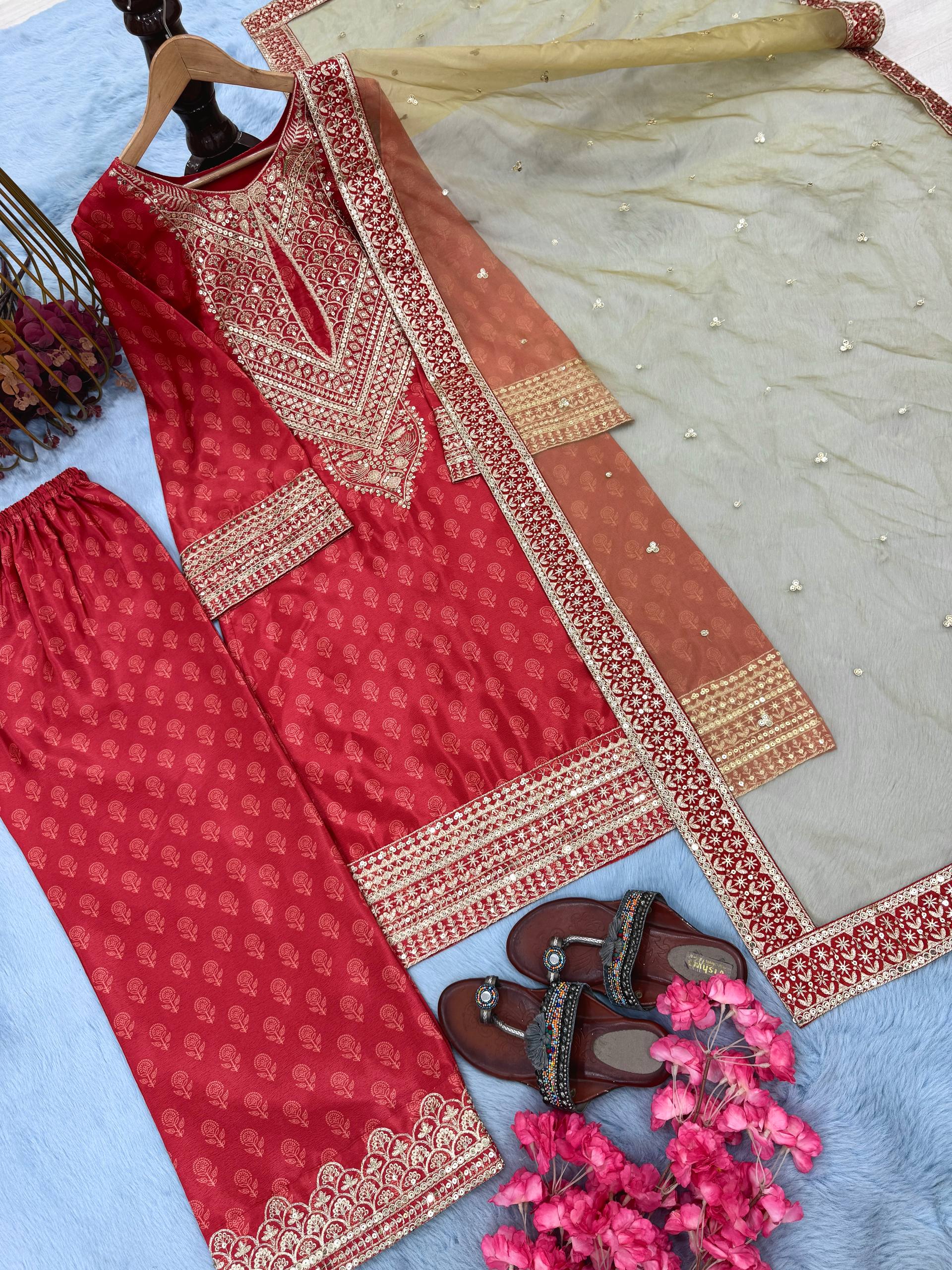 Ravishing Red Chinon Silk Work Palazzo Suit