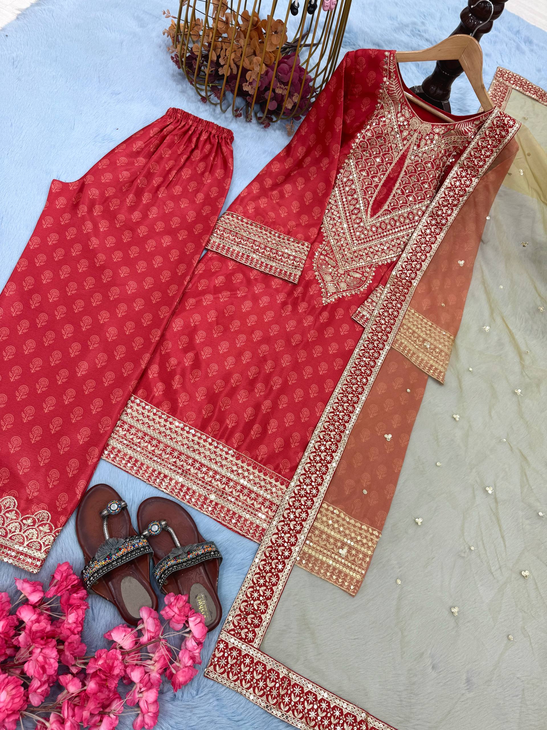 Ravishing Red Chinon Silk Work Palazzo Suit