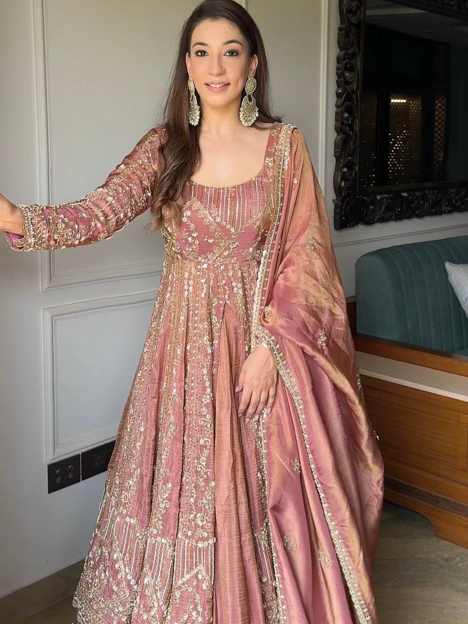 Pretty Pink Silk Sequence Work Gown Palazzo Set