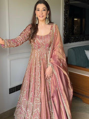 Pretty Pink Silk Sequence Work Gown Palazzo Set