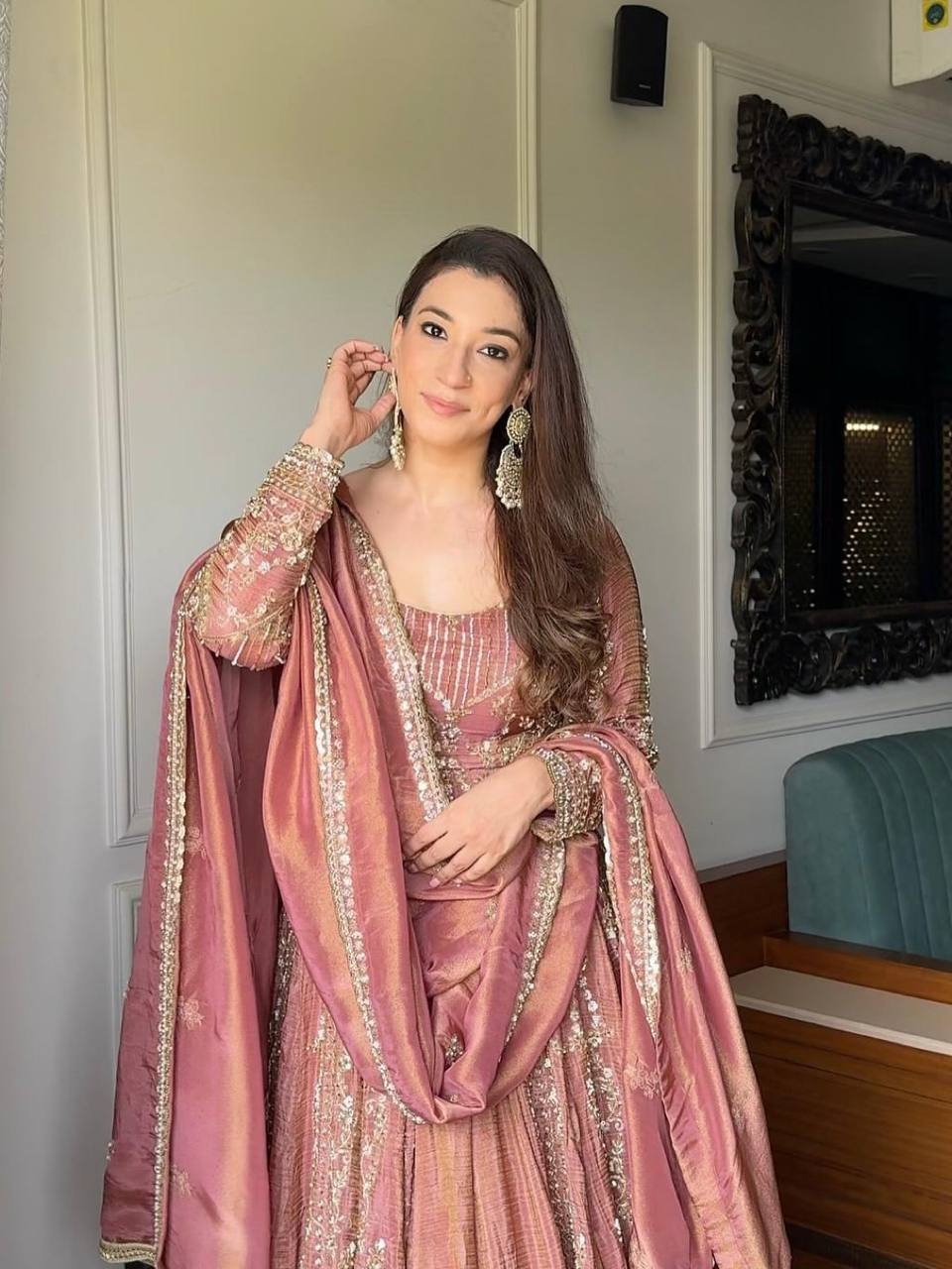 Pretty Pink Silk Sequence Work Gown Palazzo Set