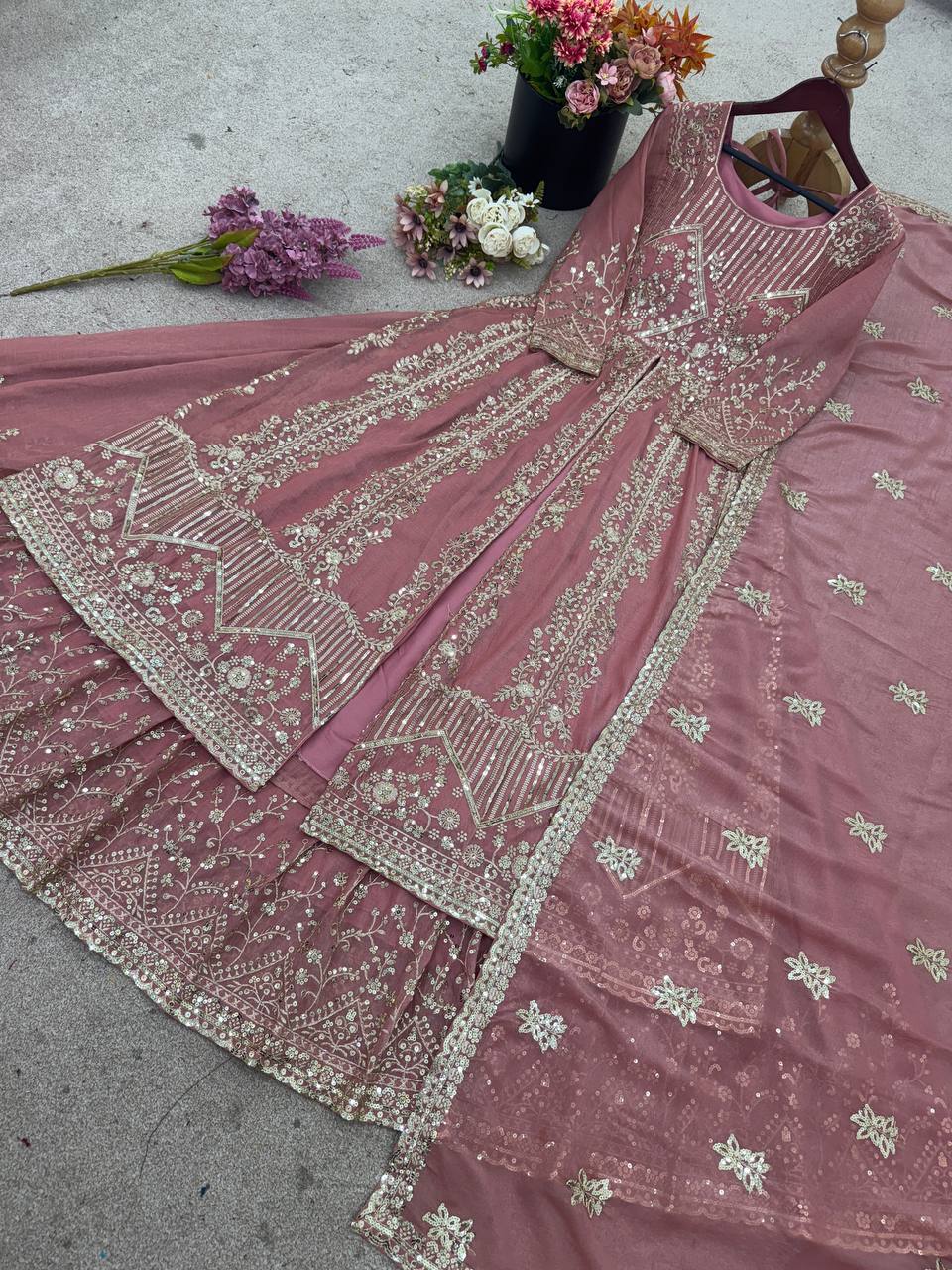Pretty Pink Silk Sequence Work Gown Palazzo Set