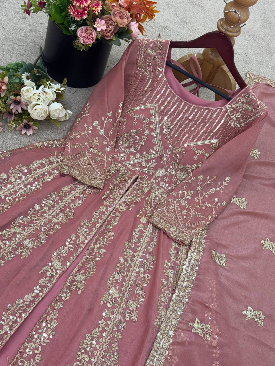 Pretty Pink Silk Sequence Work Gown Palazzo Set
