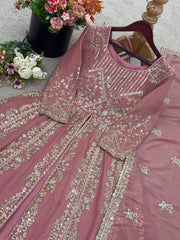 Pretty Pink Silk Sequence Work Gown Palazzo Set