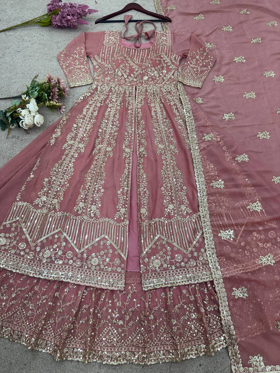 Pretty Pink Silk Sequence Work Gown Palazzo Set