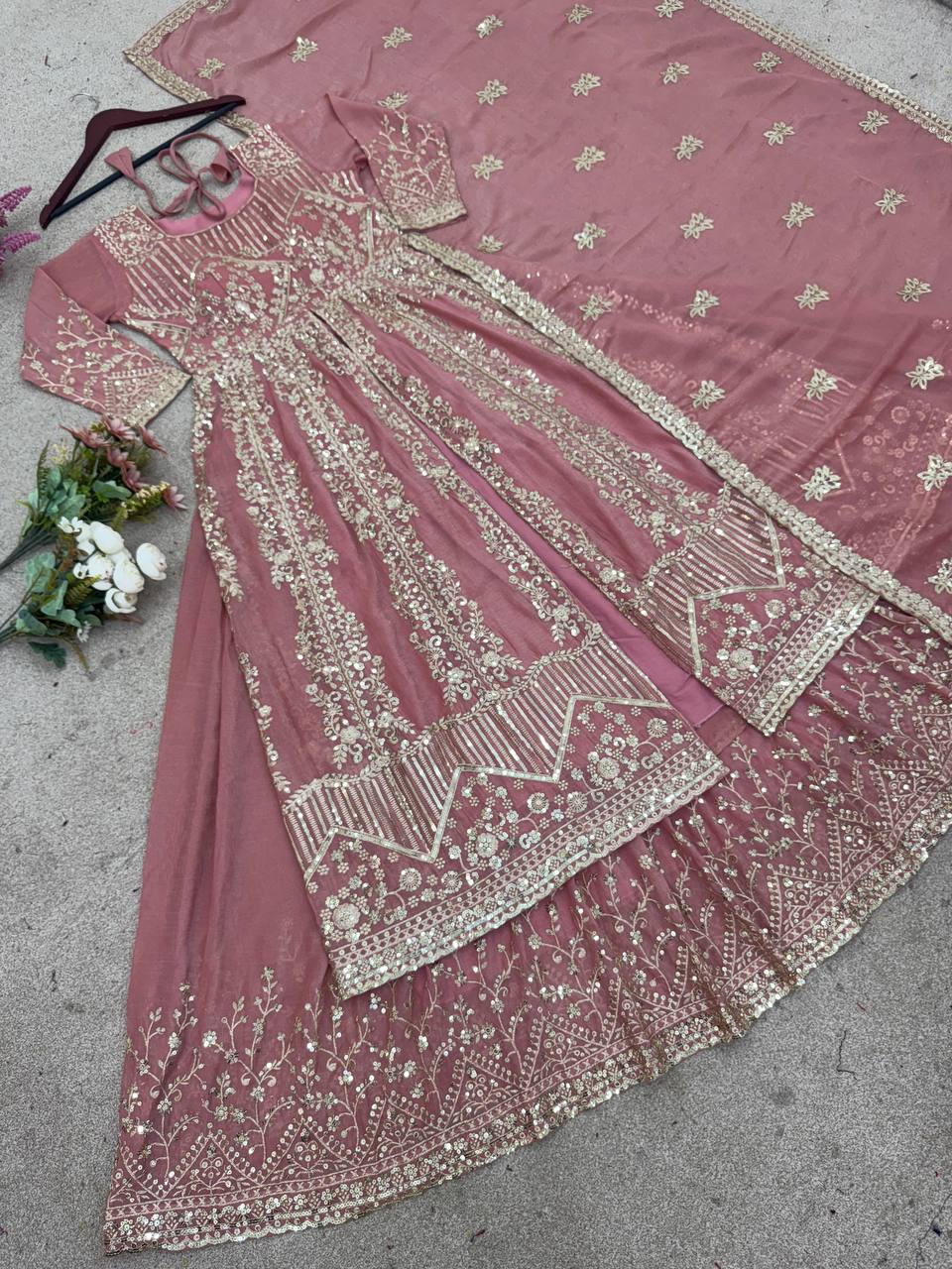 Pretty Pink Silk Sequence Work Gown Palazzo Set