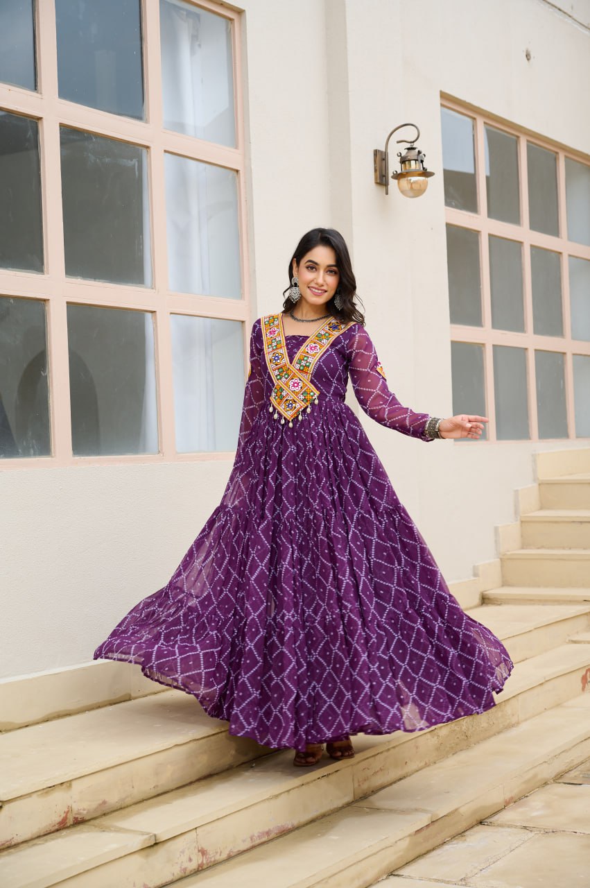 Gorgeous Yellow Georgette Bandhani Work Navratri Gown