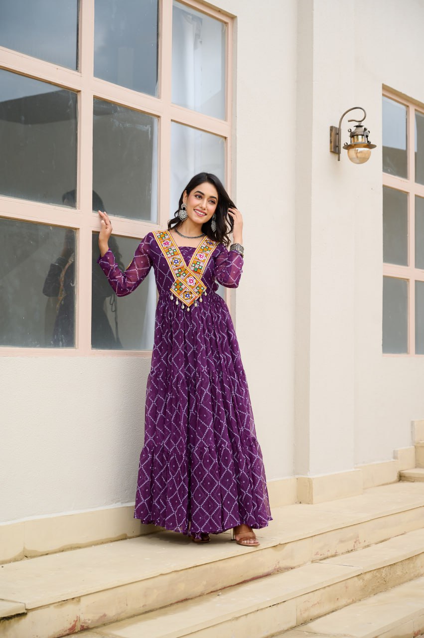 Gorgeous Yellow Georgette Bandhani Work Navratri Gown